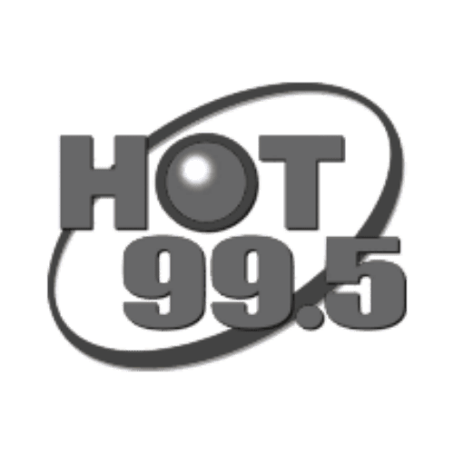 Hot 99.5 radio station logo with a black and gray design.