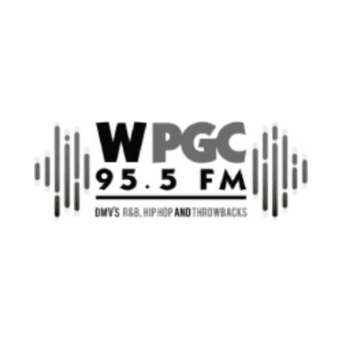 WPCG 95.5 FM radio station logo with sound wave design.